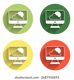 Establezca el ícono de pronóstico de Clima aislado con fondo de sombra largo. Botón de círculo de color. Vector