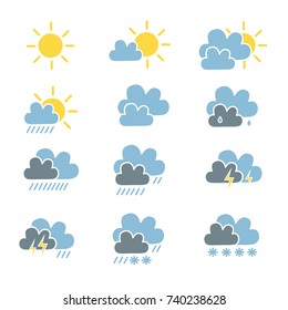 set of weather forecast icon in simple flat style sunny light cloud cloudy rain heavy rain thunder snowing vector collection