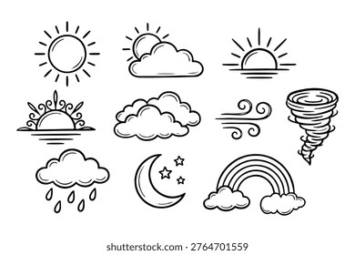 Set Of Weather Forecast Icons Featuring Sun Clouds Moon And Rainbow Doodle Style