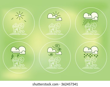 Set of Weather Forecast icons with house, car and tree outdoors in thin flat style.  Elements for UI design on blured background.