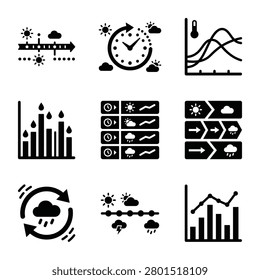 Set of weather forecast icons, including climate change, temperature graphs, precipitation charts, and meteorological data visualization symbols