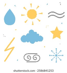 Set of weather forecast icons in pixel art style. Sun, cloud, rain and more. 8-bit picture. Vector