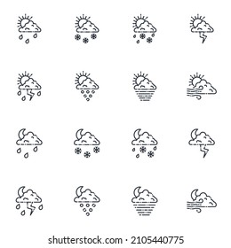 Set of weather forecast line icons isolated on transparent background.
