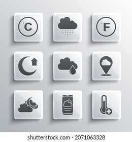Set Weather forecast, Meteorology thermometer, Location cloud, Cloud with rain, moon, Moon, Celsius and Fahrenheit icon. Vector