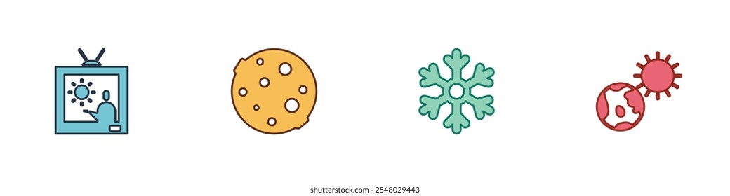 Set Weather forecast, Moon, Snowflake and Earth globe and sun icon. Vector