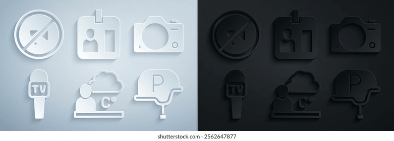 Set Weather forecast, Photo camera, Microphone, War journalist, Journalist id card and Censored stamp icon. Vector