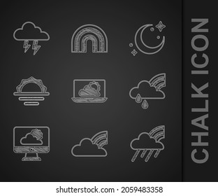 Set Weather forecast, Rainbow with clouds, and rain, Sunrise, Moon stars and Storm icon. Vector
