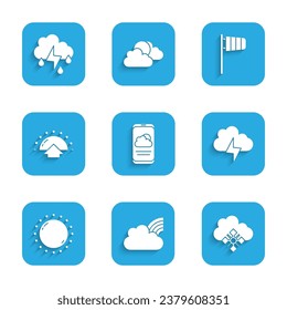 Set Weather forecast, Rainbow with clouds, Cloud snow, Storm, Sun, Sunrise, Cone windsock wind vane and rain and lightning icon. Vector