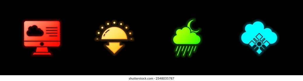 Set Weather forecast, Sunset, Cloud with rain and moon and snow icon. Vector