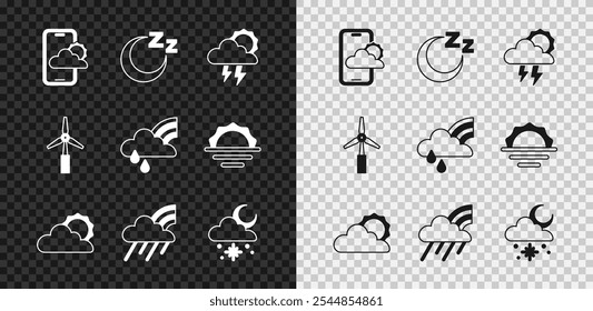 Set Weather forecast, Time to sleep, Storm, Sun and cloud weather, Rainbow with rain, Cloud snow sun, Wind turbine and  icon. Vector