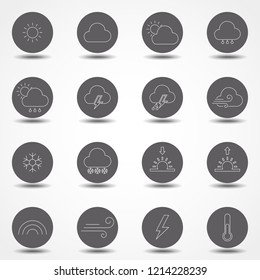 Set of weather forecast vector line icons. Contains symbols of the sun, clouds, snowflakes, wind, rainbow, moon and much more.