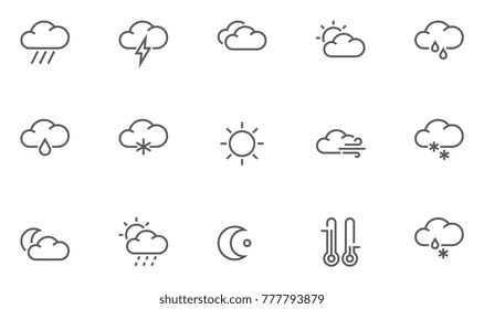 Set of Weather Forecast Vector Line Icons with Cloud, Sun, Rain and more. Editable Stroke. 48x48 Pixel Perfect.