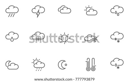 Set of Weather Forecast Vector Line Icons with Cloud, Sun, Rain and more. Editable Stroke. 48x48 Pixel Perfect.