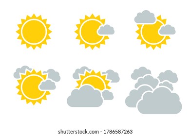 Set weather forecast web icon with grey cloud, sun, lightning etc. Vector shapes from metro minimal flat style.