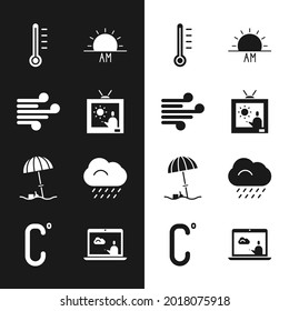 Set Weather forecast, Wind, Meteorology thermometer, Sunrise, protective umbrella beach, Cloud with rain,  and Celsius icon. Vector