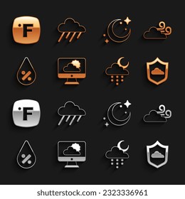 Set Weather forecast, Windy weather, Cloud with rain and moon, Water drop percentage, Moon stars, Fahrenheit and  icon. Vector