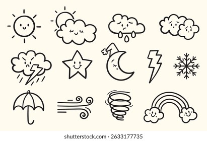 set van weericoon hand-getekende stijl, krabbel doodle illustratie met penseelstreek, set van teken en symbool, zon, maan, paraplu, wolken, storm, donder, regenboog, sneeuw, winter, koud