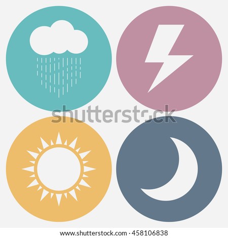 Set of weather icon, moon, sun, rain, lightning.