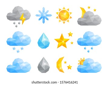 Juego de iconos del tiempo. Símbolos vectoriales de triángulo o de clima poligonal sobre fondo blanco