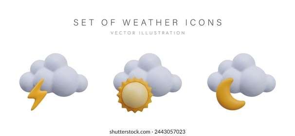 Set of weather icons in 3D style. Cloud with lightning, sun, moon