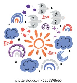 set of weather icons, abstract pattern with doodle elements, set of hand drawn doodles, clouds, rainbow, bird, sun, moon, rain, stars, set for children, children's set with rainbows