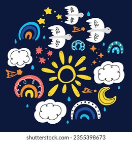 conjunto de íconos meteorológicos, patrón abstracto con elementos de doodle, conjunto de doodles dibujados a mano, nubes, arco iris, pájaro, sol, luna, lluvia, estrellas, destinados a los niños, conjunto de niños con arcos de lluvia
