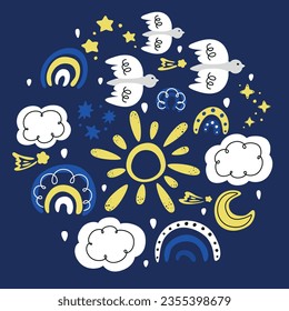 conjunto de íconos meteorológicos, patrón abstracto con elementos de doodle, conjunto de doodles dibujados a mano, nubes, arco iris, pájaro, sol, luna, lluvia, estrellas, destinados a los niños, conjunto de niños con arcos de lluvia