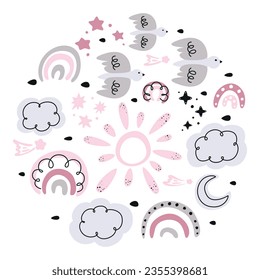 conjunto de íconos meteorológicos, patrón abstracto con elementos de doodle, conjunto de doodles dibujados a mano, nubes, arco iris, pájaro, sol, luna, lluvia, estrellas, destinados a los niños, conjunto de niños con arcos de lluvia