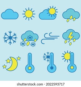 Set of weather icons in blue, blue, yellow. Cloud, moon, thermometer, sun, rain, snow