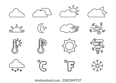 Set of weather icons by thin black line isolated on white background.