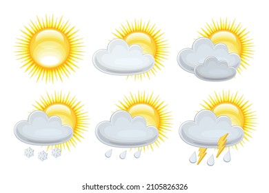 Set of Weather Icons in cartoon style on white background. Weather forecast icon - sun with cloud floats in the sky. Vector illustration