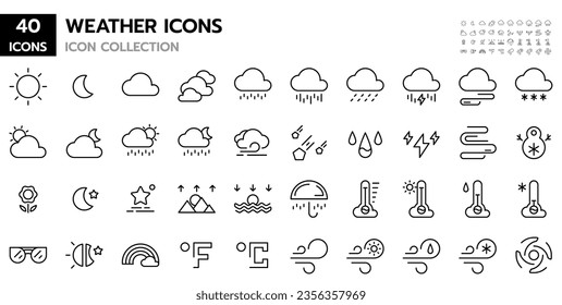 set weather icons, collection weather pack, cute clear line outline thin line stroke, weather icon set for a website or mobile app ui, sun moon cloud rain snow wind foggy, vector illustration.