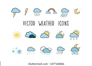 Set of weather icons. Colored illustrations by hand in the style of doodle. Weather symbols