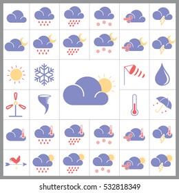 Set of Weather Icons. Contains such Icons as Cloudy, Snowflakes, Rainy, Sun, Storm, Umbrella and more. Editable Vector.Pixel Perfect.