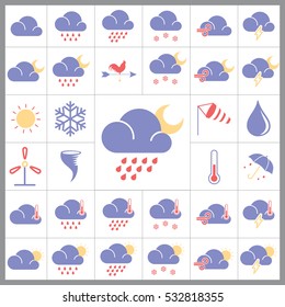 Set of Weather Icons. Contains such Icons as Cloudy, Snowflakes, Rainy, Sun, Storm, Umbrella and more. Editable Vector.Pixel Perfect.