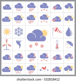 Set of Weather Icons. Contains such Icons as Cloudy, Snowflakes, Rainy, Sun, Storm, Umbrella and more. Editable Vector.Pixel Perfect.