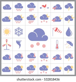 Set of Weather Icons. Contains such Icons as Cloudy, Snowflakes, Rainy, Sun, Storm, Umbrella and more. Editable Vector.Pixel Perfect.