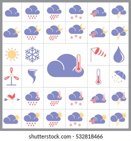 Set of Weather Icons. Contains such Icons as Cloudy, Snowflakes, Rainy, Sun, Storm, Umbrella and more. Editable Vector.Pixel Perfect.