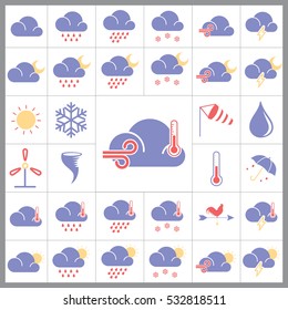 Set of Weather Icons. Contains such Icons as Cloudy, Snowflakes, Rainy, Sun, Storm, Umbrella and more. Editable Vector.Pixel Perfect.