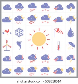 Set of Weather Icons. Contains such Icons as Cloudy, Snowflakes, Rainy, Sun, Storm, Umbrella and more. Editable Vector.Pixel Perfect.