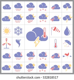 Set of Weather Icons. Contains such Icons as Cloudy, Snowflakes, Rainy, Sun, Storm, Umbrella and more. Editable Vector.Pixel Perfect.