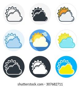 Set of weather icons in different styles isolated on white background.