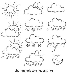 Set weather icons. Doodle vector illustration  contour