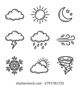 Set of weather icons drawn in a simple hand-drawn style, representing different meteorological phenomena