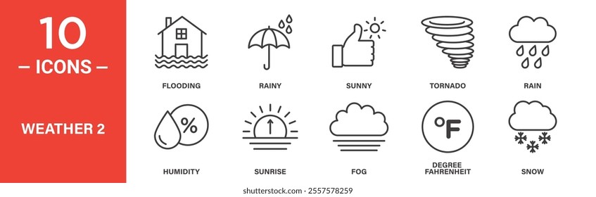 A set of weather icons featuring flooding, rainy, sunny, tornado, rain, humidity, sunrise, fog, degrees Fahrenheit, and snow.