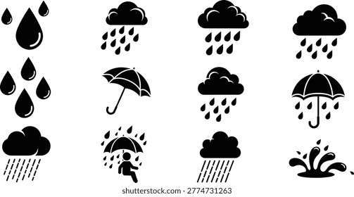 Set of weather icons featuring rain drops, clouds, umbrella, and person running. Vector graphics, eps.
