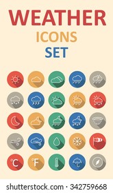 set of weather icons set in flat material style with long shadow