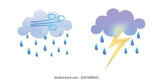 Set of weather icons. Glassmorphism style symbols for meteo forecast app. Elements Isolated on white background. Day autumn season sings. Thunderstorm lightning, rain and clouds. Vector illustrations.