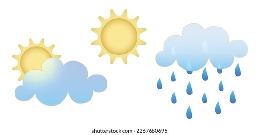 Set of weather icons. Glassmorphism style symbols for meteo forecast app Elements Isolated on white background. Day and night summer spring autumn season sings. Sun, rain, clouds Vector illustrations.