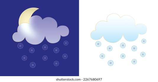 Set of weather icons. Glassmorphism style symbols for meteo forecast app. Elements Isolated on white background. Day and night winter season sings. Moon and snow clouds. Vector illustrations.
